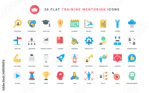 Corporate expert guidance and management, training for potential talent leaders, teamwork. Mentors advices, direction and coaching, leadership trendy flat icons set vector illustration