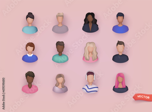 Set of 3d portraits of happy people on a white background. Cartoon characters woman and man, vector illustration. 3D Web Vector Illustrations.