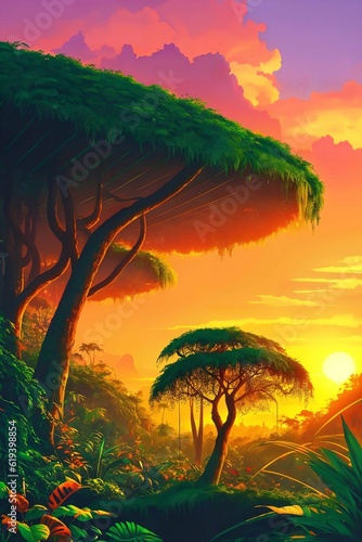 Tropical sunset in the jungle. 