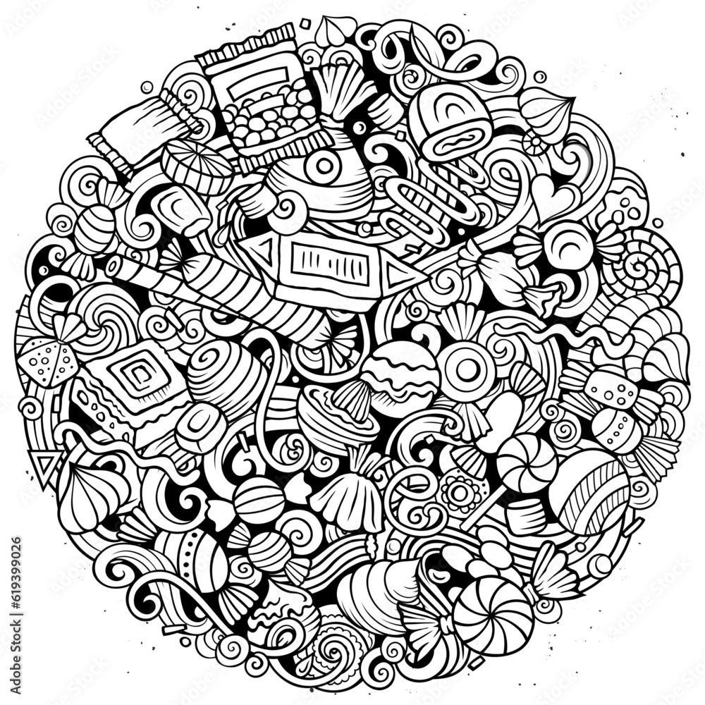 Sweet Candies cartoon vector doodle round illustration.