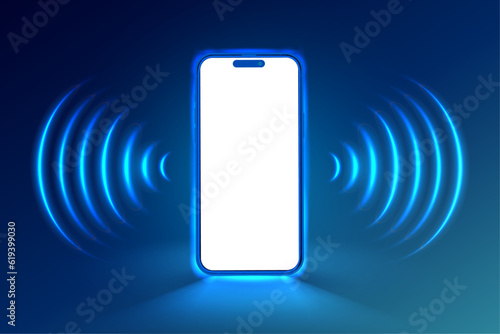 Glowing smartphone screen frame with neon Wifi signal. Outline neon smartphone. Mobile phone with wireless internet connection, wifi hotspot control. Vector icon set. photo