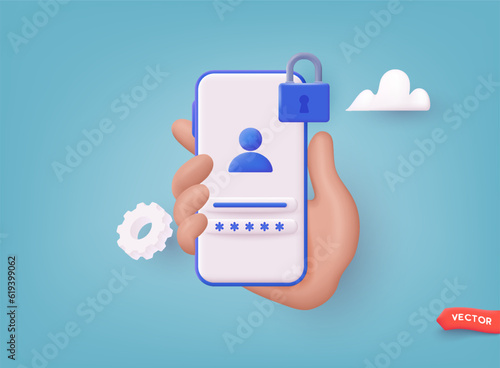 Account login and password form on smartphone app. User authorization, login authentication page, sign up concept. 3D Web Vector Illustrations.