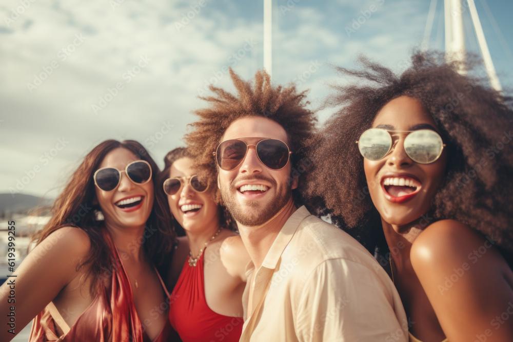 Group of mix race young people having a party on the luxury yacht