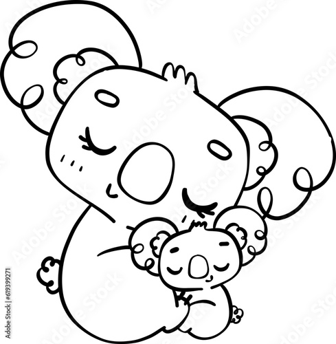 Sweet Mother's Day Koala Hug . Adorable Cartoon outline Hand Drawing Illustrating Love and Affection Between Mother and Baby Koala