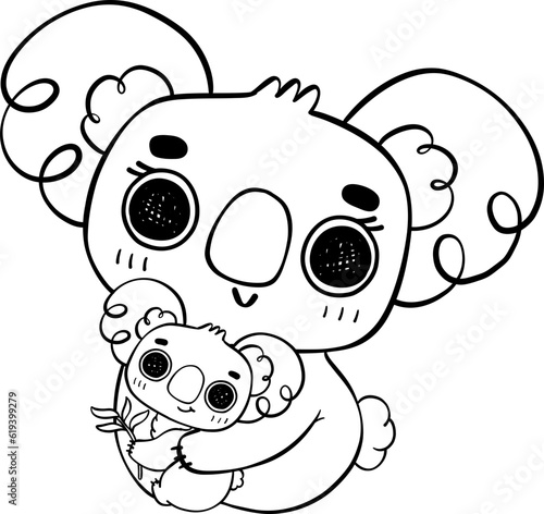 Sweet Mother's Day Koala Hug . Adorable Cartoon outline Hand Drawing Illustrating Love and Affection Between Mother and Baby Koala