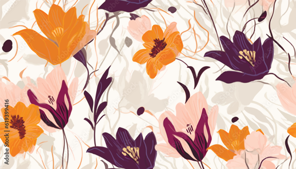 Modern hand drawn flowers pattern. Romantic beautiful botanical print. Fashionable template for design.