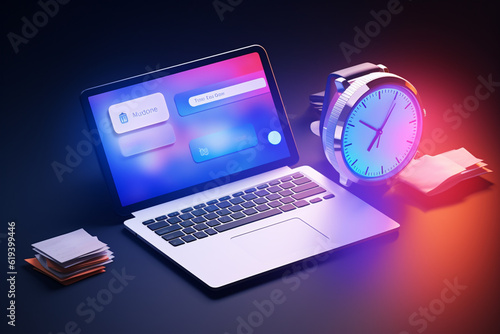 3D business invoice transaction for payment on laptop with clock alert notification. Business using invoice bill, transaction with credit card concept. 3d receipt vector icon render illustration