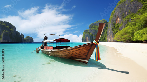 boat on sand of Maya bay Phi phi island., generative Ai © Nakron