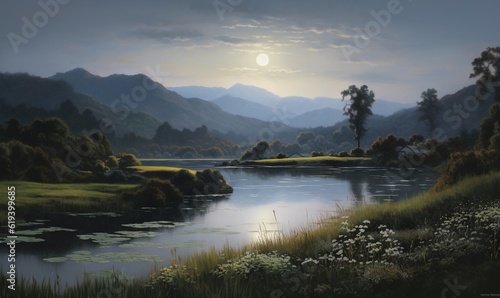  a painting of a lake with mountains in the background and grass in the foreground. generative ai