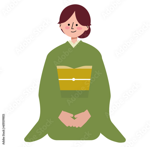 正座する着物を着た若女将のイラスト