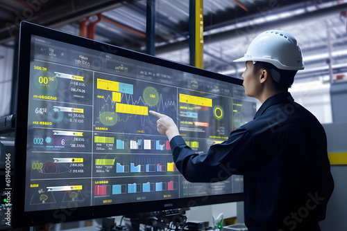 A factory worker monitoring production metrics and data on a computer screen, analyzing trends and making data-driven decisions to optimize productivity. Generative AI