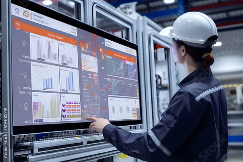 A factory worker monitoring production metrics and data on a computer screen, analyzing trends and making data-driven decisions to optimize productivity. Generative AI