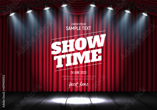 Red curtain illuminated by spotlights. Vector illustration.