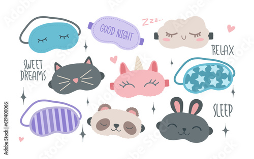 Set of sleeping masks in cartoon flat style. Vector eye mask. Night relax accessory.