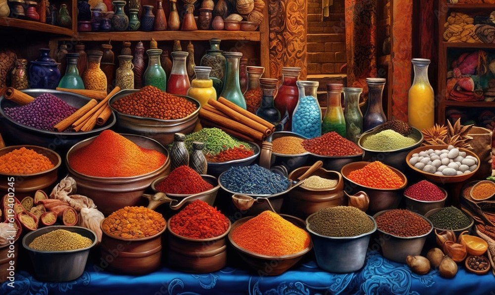 a painting of a variety of spices on a blue table cloth. generative ai a painting of a variety of spices on a blue table cloth. generative ai
