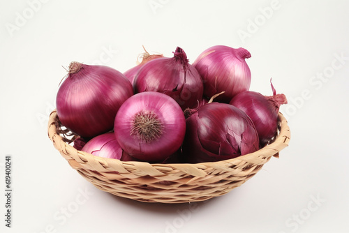 a basket of red onions on a white background
