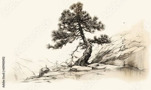  a drawing of a pine tree on a rocky mountain side. generative ai