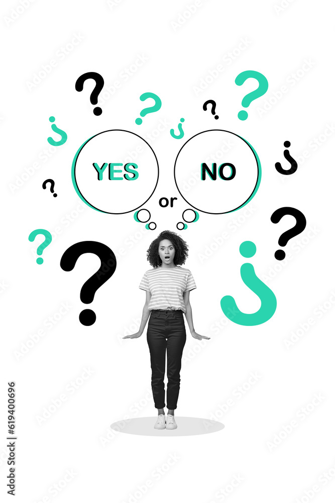 Deep thinking brainstorming decide funny young woman shrug shoulders choose yes or no confusion isolated on white color background Deep thinking brainstorming decide funny young woman shrug shoulders choose yes or no confusion isolated on white color background