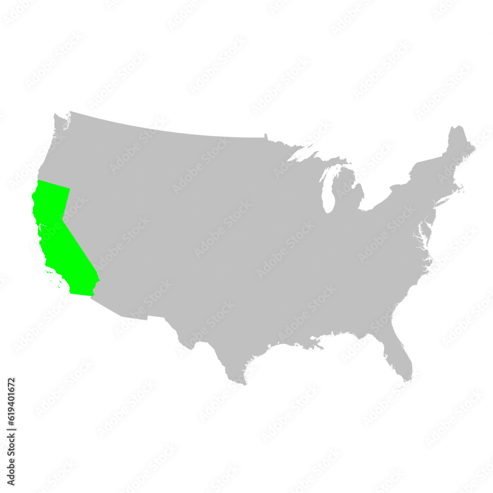 Vector map of the state of California highlighted highlighted in bright green on a map of United States of America.