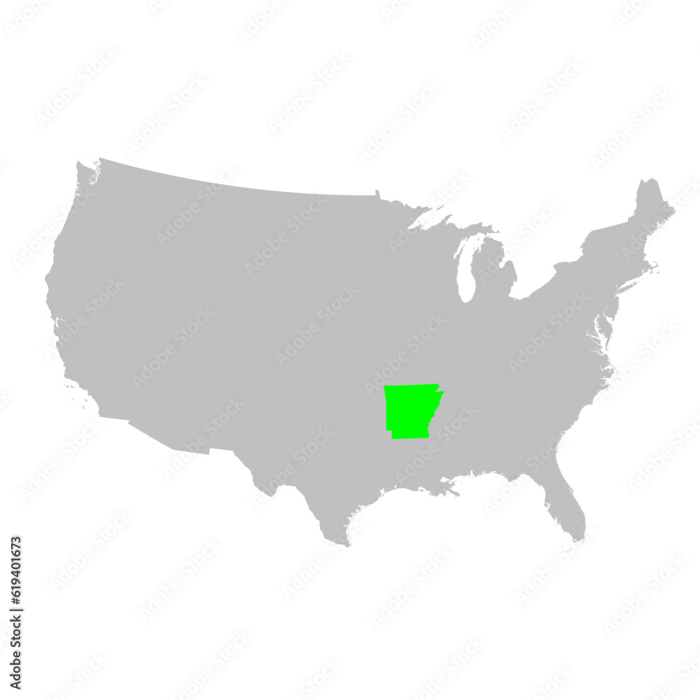 Vector map of the state of Arkansas highlighted highlighted in bright green on a map of United States of America.