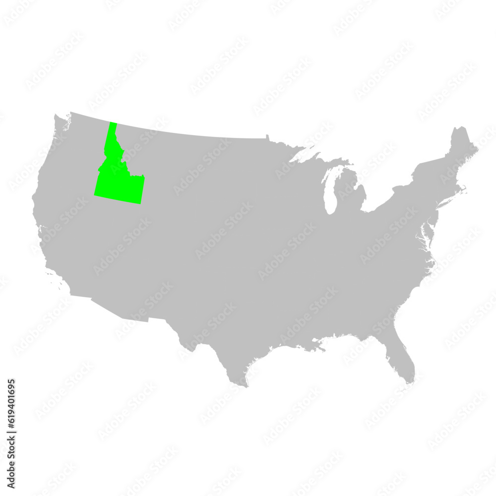 Vector map of the state of Idaho highlighted highlighted in bright green on a map of United States of America.