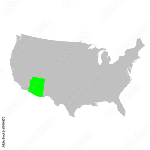 Vector map of the state of Arizona highlighted highlighted in bright green on a map of United States of America.