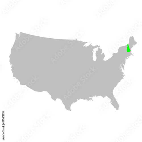 Vector map of the state of New Hampshire highlighted highlighted in bright green on a map of United States of America.