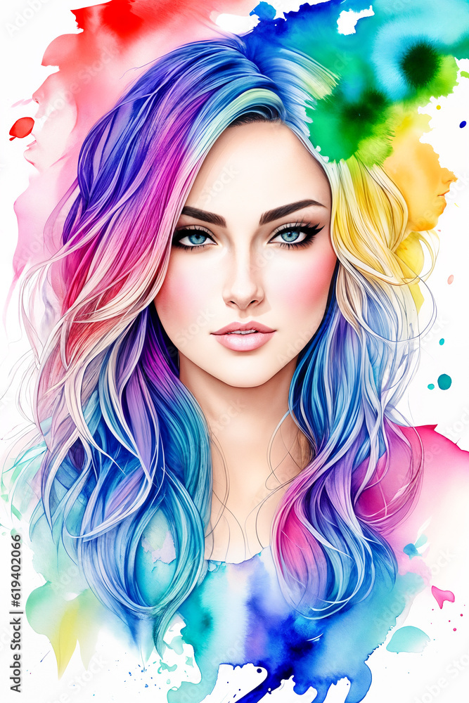 Close-up portrait of beautiful woman with long hair.Watercolor drawing print.Digital creative designer fashion art drawing.AI illustration