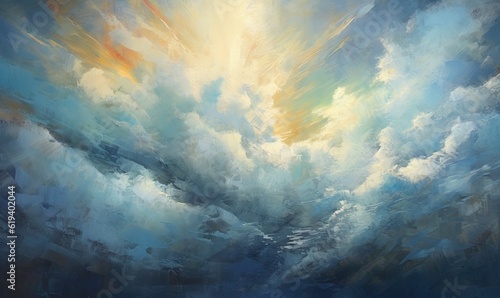  a painting of a sky with clouds and sun shining through the clouds. generative ai