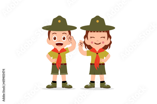 happy cute little kid boy and girl wear scout uniform