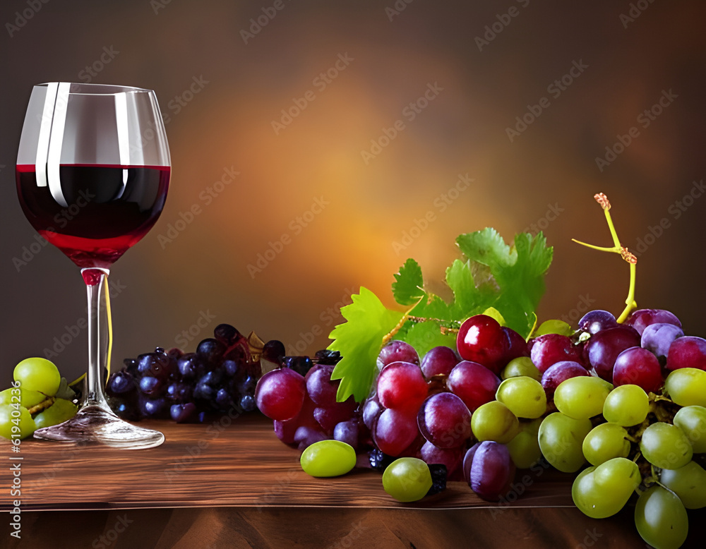 Concept of wine tasting in the wine cellar: wineglass and a bottle with ripe grapes, next to a panoramic view of vineyards at sunset. Digital illustration. CG Artwork Background Concept of wine tasting in the wine cellar: wineglass and a bottle with ripe grapes, next to a panoramic view of vineyards at sunset. Digital illustration. CG Artwork Background