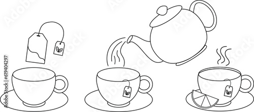 Vector teapot tea and brewing. Instructions for brewing tea and coffee. Icons for tea, coffee making, and brewing. Instructions for brewing hot drinks. Icons for cup, mug, kettle.