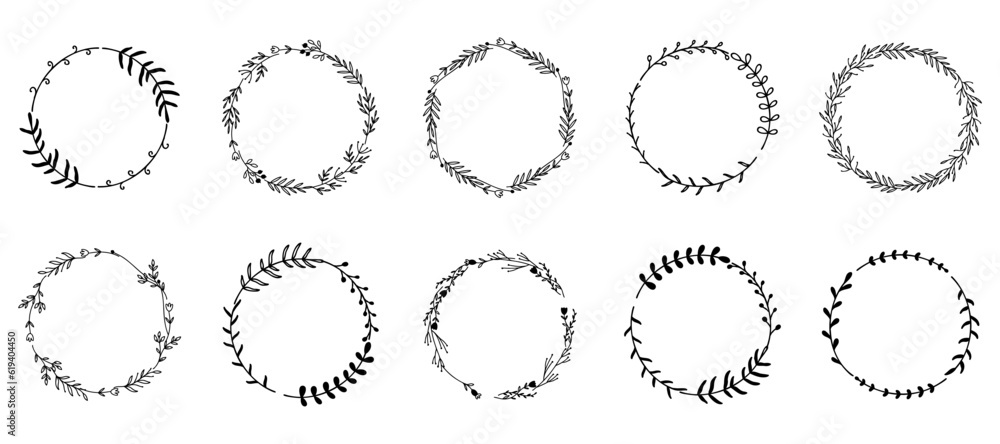 Floral circle frame collection. Set of black floral branch circle frame