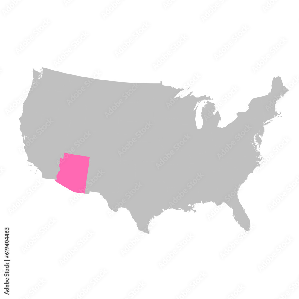 Vector map of the state of Arizona highlighted highlighted in bright pink on a map of United States of America.