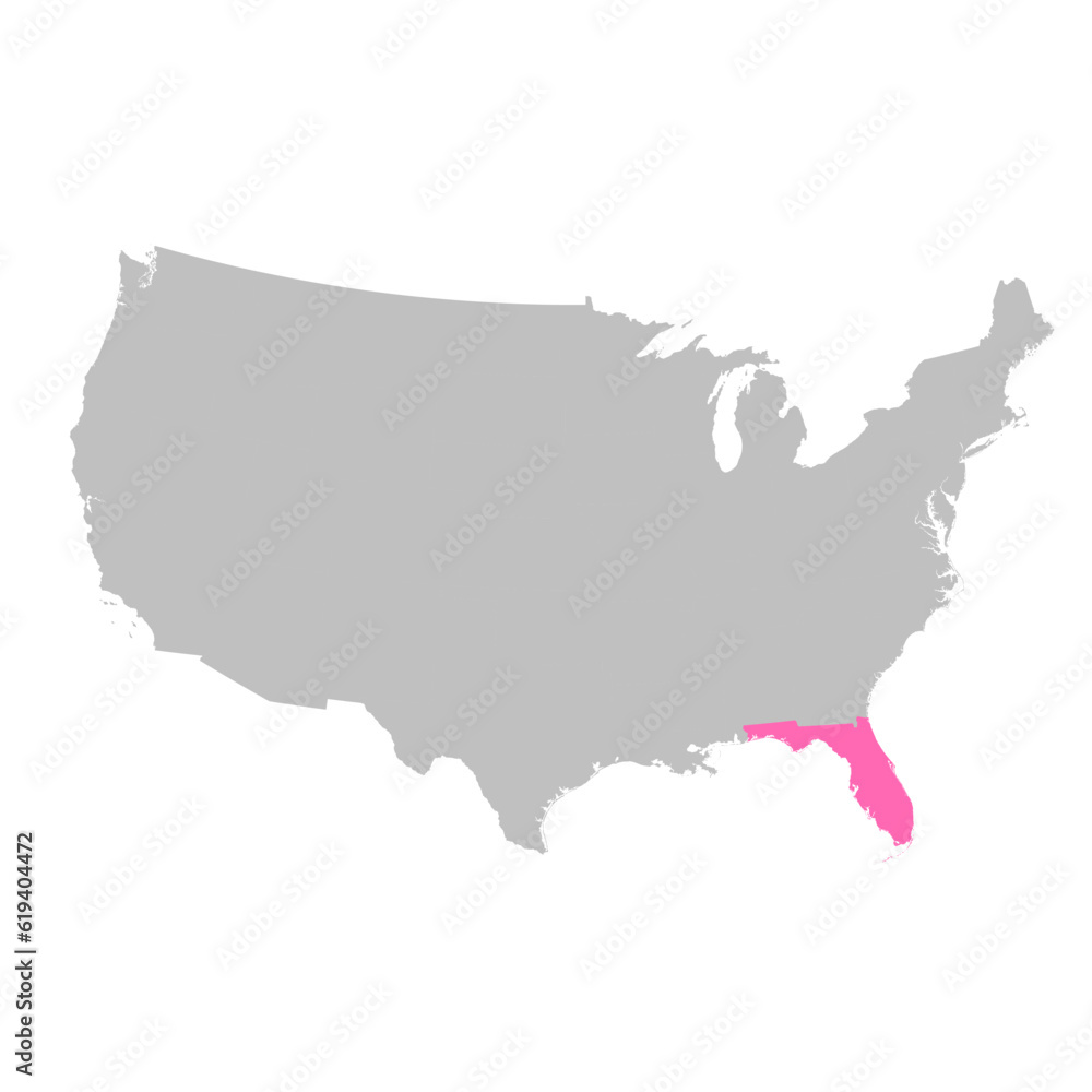 Fototapeta premium Vector map of the state of Florida highlighted highlighted in bright pink on a map of United States of America.