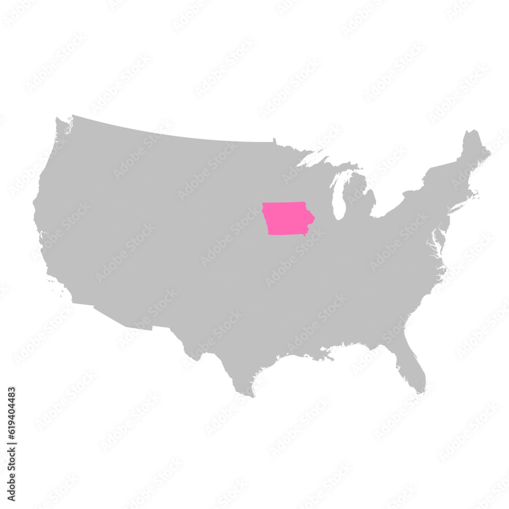 Vector map of the state of Iowa highlighted highlighted in bright pink on a map of United States of America. Vector map of the state of Iowa highlighted highlighted in bright pink on a map of United States of America.
