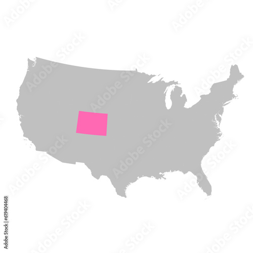 Vector map of the state of Colorado highlighted highlighted in bright pink on a map of United States of America.