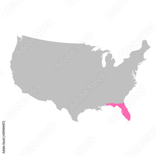 Vector map of the state of Florida highlighted highlighted in bright pink on a map of United States of America.