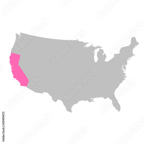 Vector map of the state of California highlighted highlighted in bright pink on a map of United States of America.