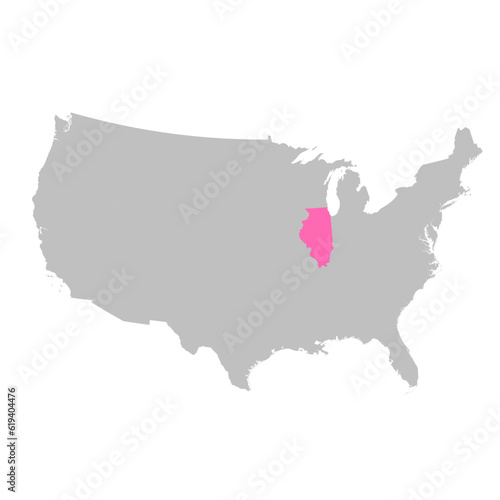 Vector map of the state of Illinois highlighted highlighted in bright pink on a map of United States of America.