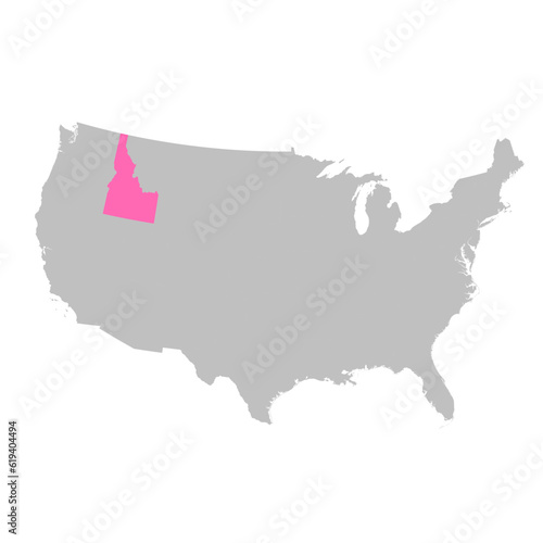 Vector map of the state of Idaho highlighted highlighted in bright pink on a map of United States of America.