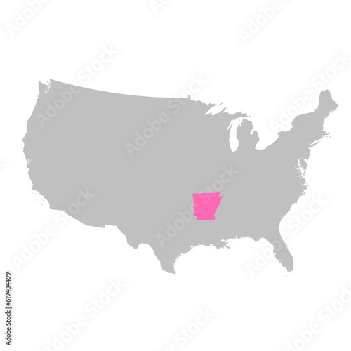 Vector map of the state of Arkansas highlighted highlighted in bright pink on a map of United States of America.
