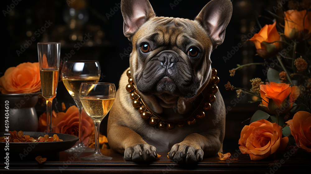 French Bulldog with champagne glass celebrating New Year's Eve  