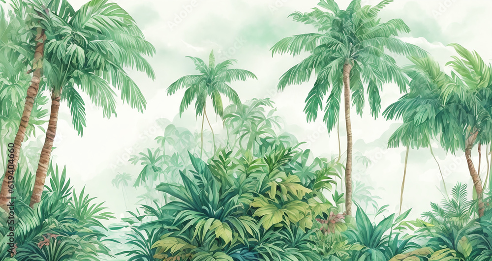 Fototapeta Palm trees in a jungle forest. decorative watercolor painting, landscape. Generative Ai