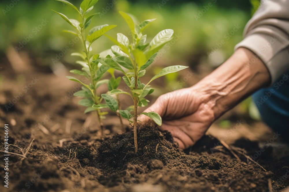 Fototapeta premium Farm workers plant green tree seedlings on the land