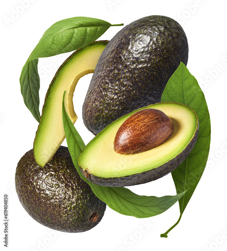 Fresh ripe avocado falling in the air isolated