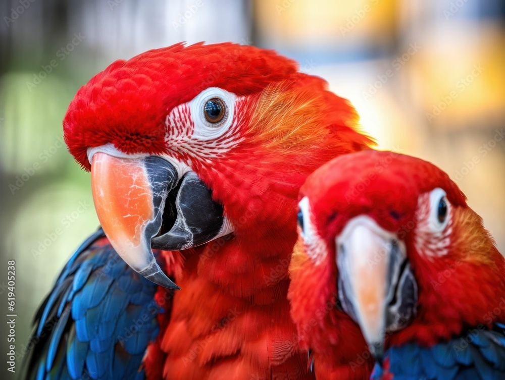 Fototapeta premium AI-generated illustration of Two brightly colored parrots perched on branch
