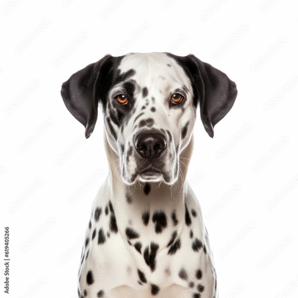 AI generated illustration of a Dalmatian
dog perched atop a white background, gazing into the camera