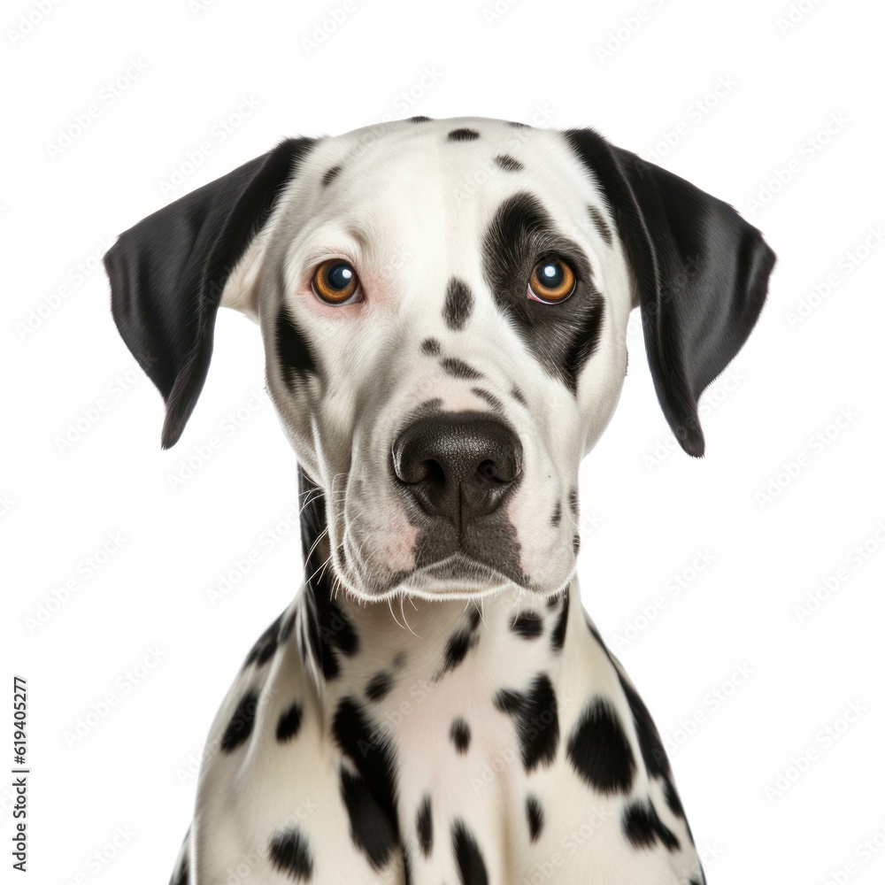 AI generated illustration of a Dalmatian
dog perched atop a white background, gazing into the camera