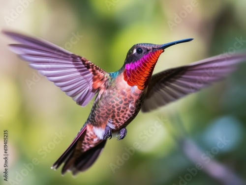 AI generated illustration of a hamming bird in flight, with a blurry background